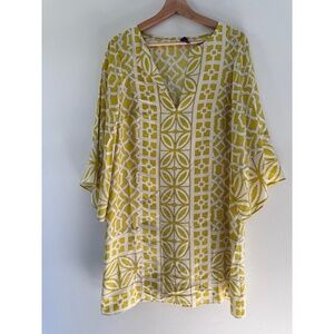 ALICE + TRIXIE Womens M Silk Tunic Dress Yellow Green Geometric Kaftan